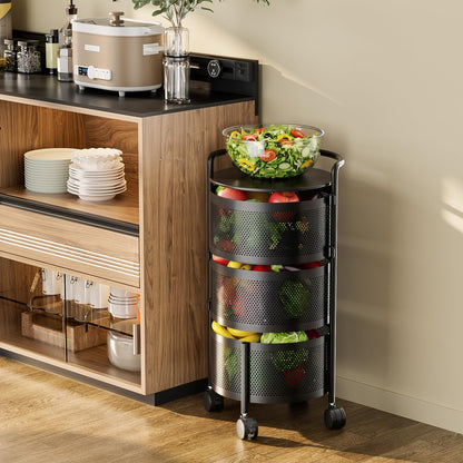 No Assembly Required Vegetable Storage Rack, 4-Tier Rotating Fruit Basket with Wheels, Heavy Duty Carbon Steel Kitchen Storage Cart