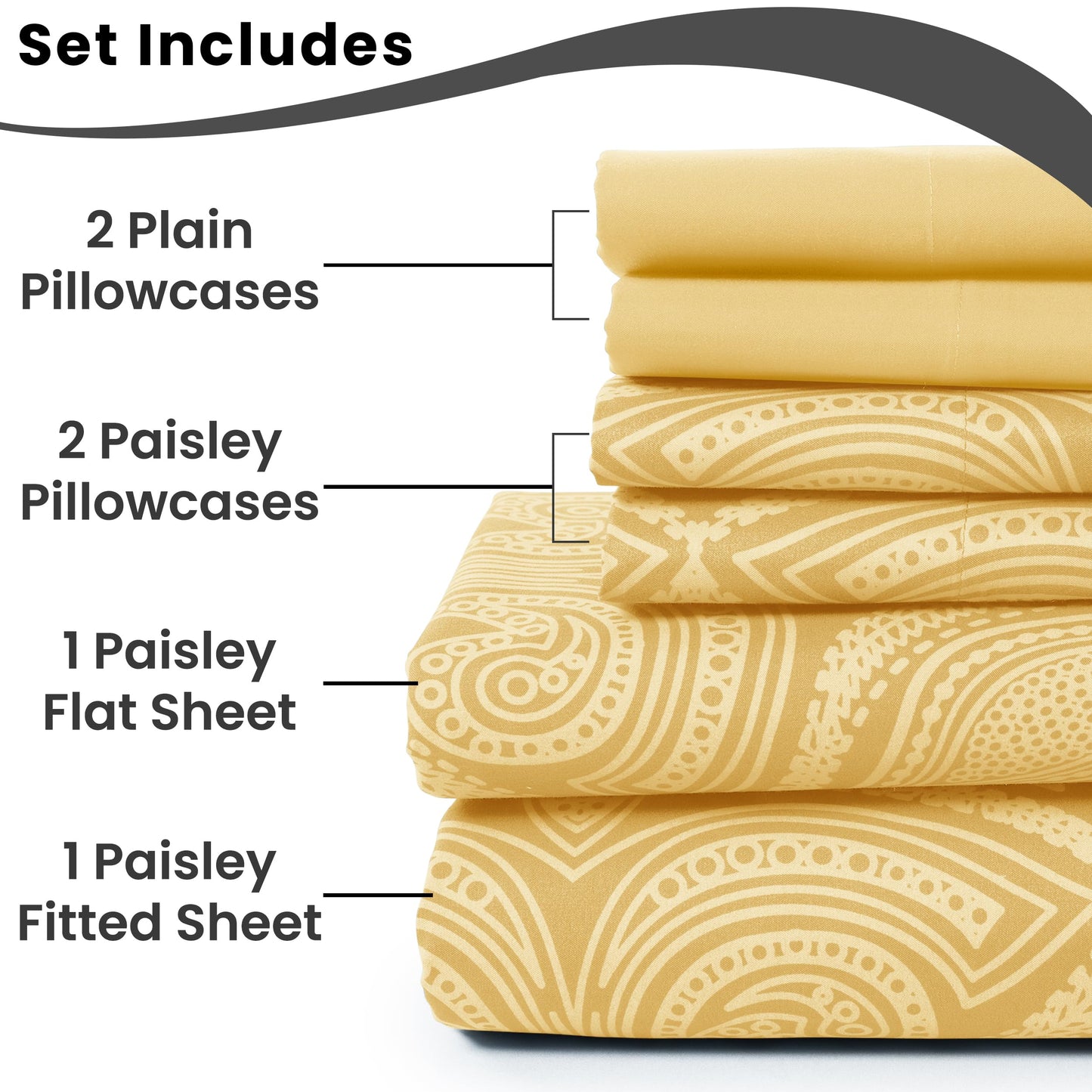 LUX Decor Paisley King-Bettlaken-Set, 6-teilig, weiche, knitterfreie Mikrofaser-Bettlaken – luxuriös bedruckte Bettlaken, inklusive Bettlaken, Spannbettlaken mit tiefen Taschen und 4 Kissenbezügen – Taupe 