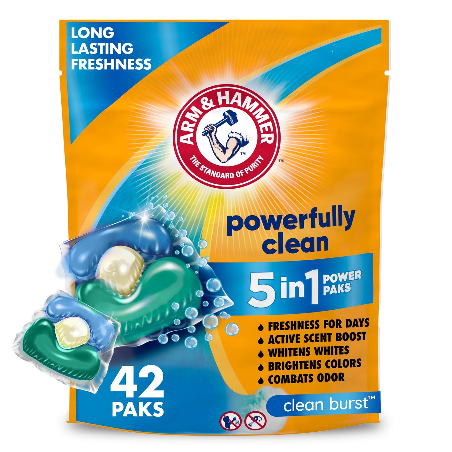 Arm &amp; Hammer Clean Burst 5-in-1 Waschmittel Power Paks, hohe Effizienz (HE), 42 Stück 