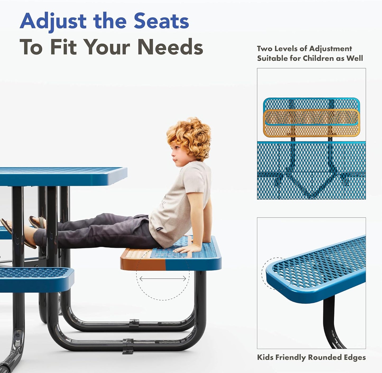 Tables de pique-nique en métal pour l'extérieur avec trou pour parasol - Table en acier revêtu de qualité commerciale robuste avec sièges réglables, 2 pieds supplémentaires, ensemble de meubles de patio à vie (46" carré, bleu) 