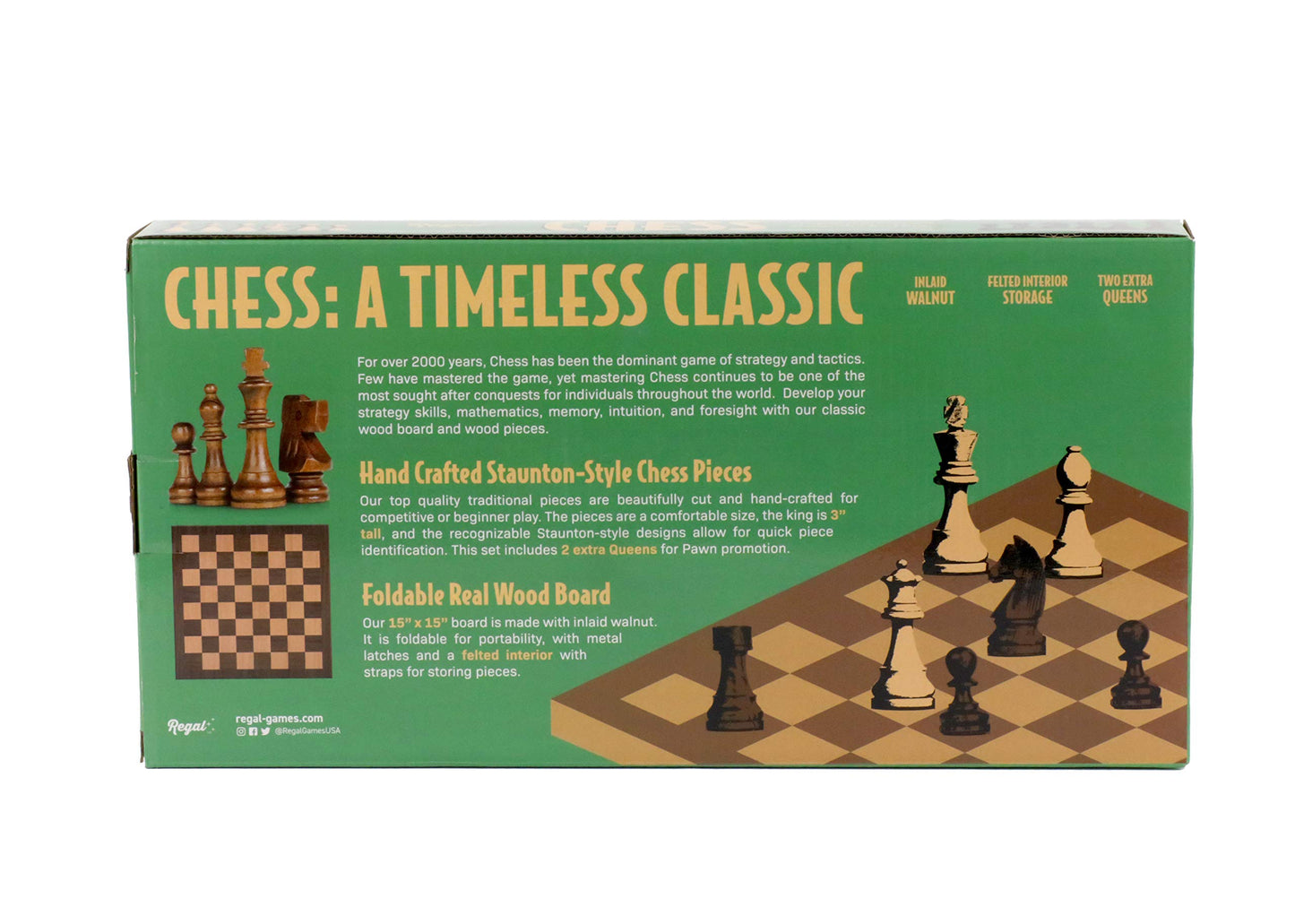 Regal Games Wooden Chess Sets for Adults with Folding Chess Board (15 x 15) & Wood Chess Pieces | Travel & Portable Table Games for Fun Family Game Night