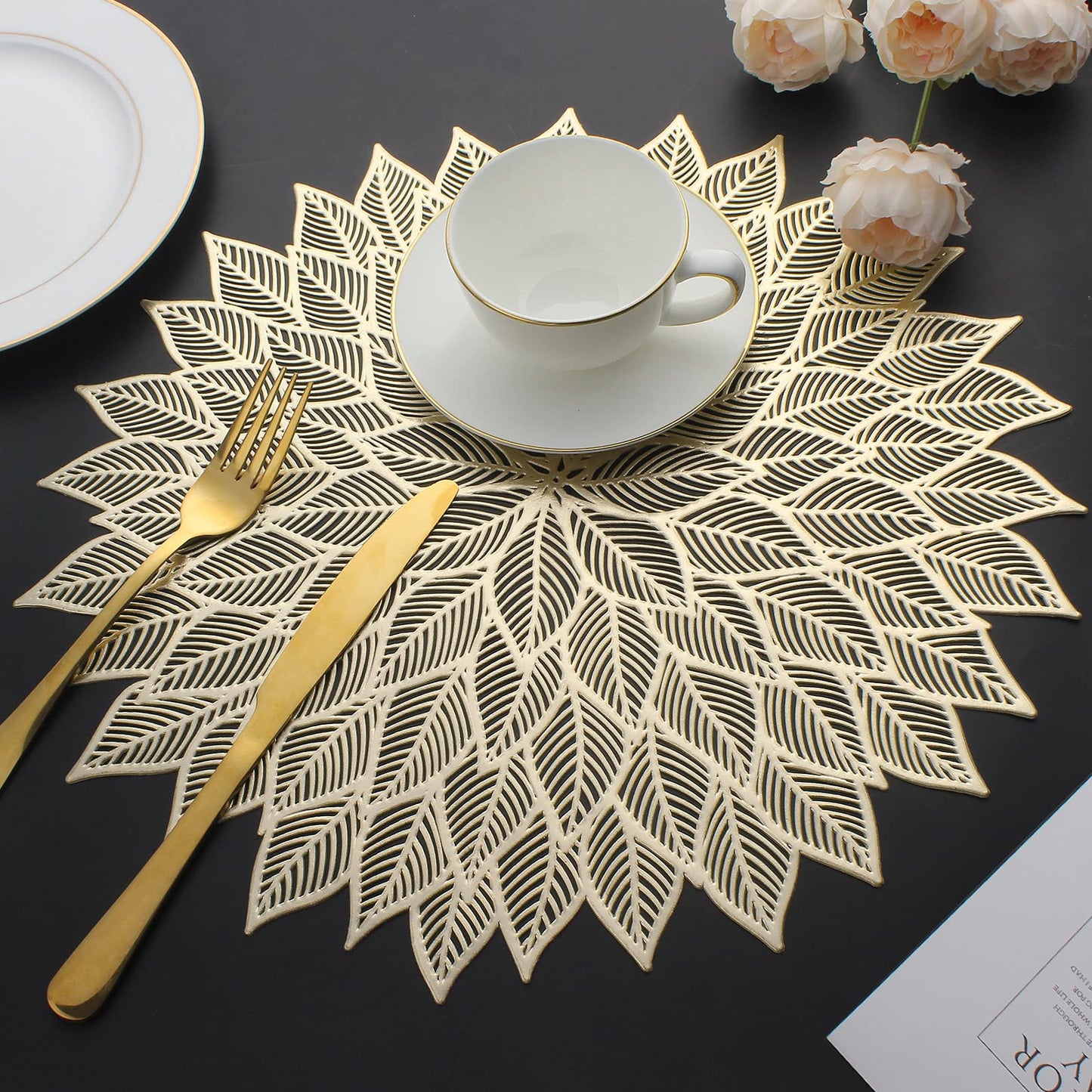 Placemats Set of 6, Round Hollow Out Flowers Place Mats for Dining Table Pressed Vinyl Blooming Leaf Table Mats for Holiday Party Wedding Accent Centerpiece Dinner Table Decoration (Gold)