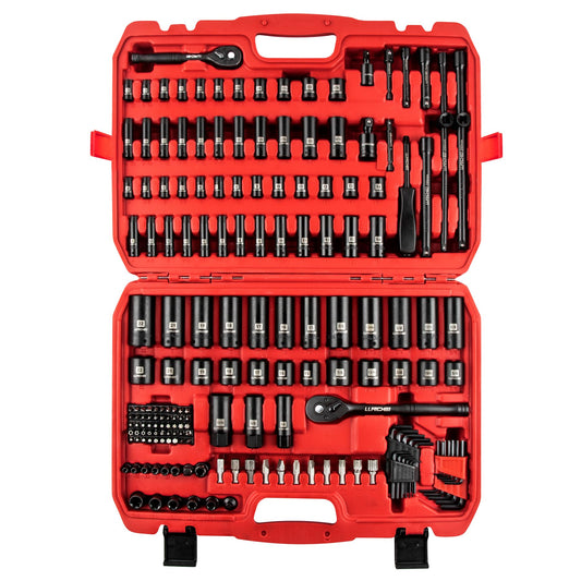 LLNDEI 1/4 & 3/8 Inch Drive Impact Socket Set, 186 Pieces Metric and Standard Full Sockets, CR-V Deep & Shallow Sockets Tool Set with Ratchet Wrench Handle, Spark Plug Socket, Bit Set for Mechanic