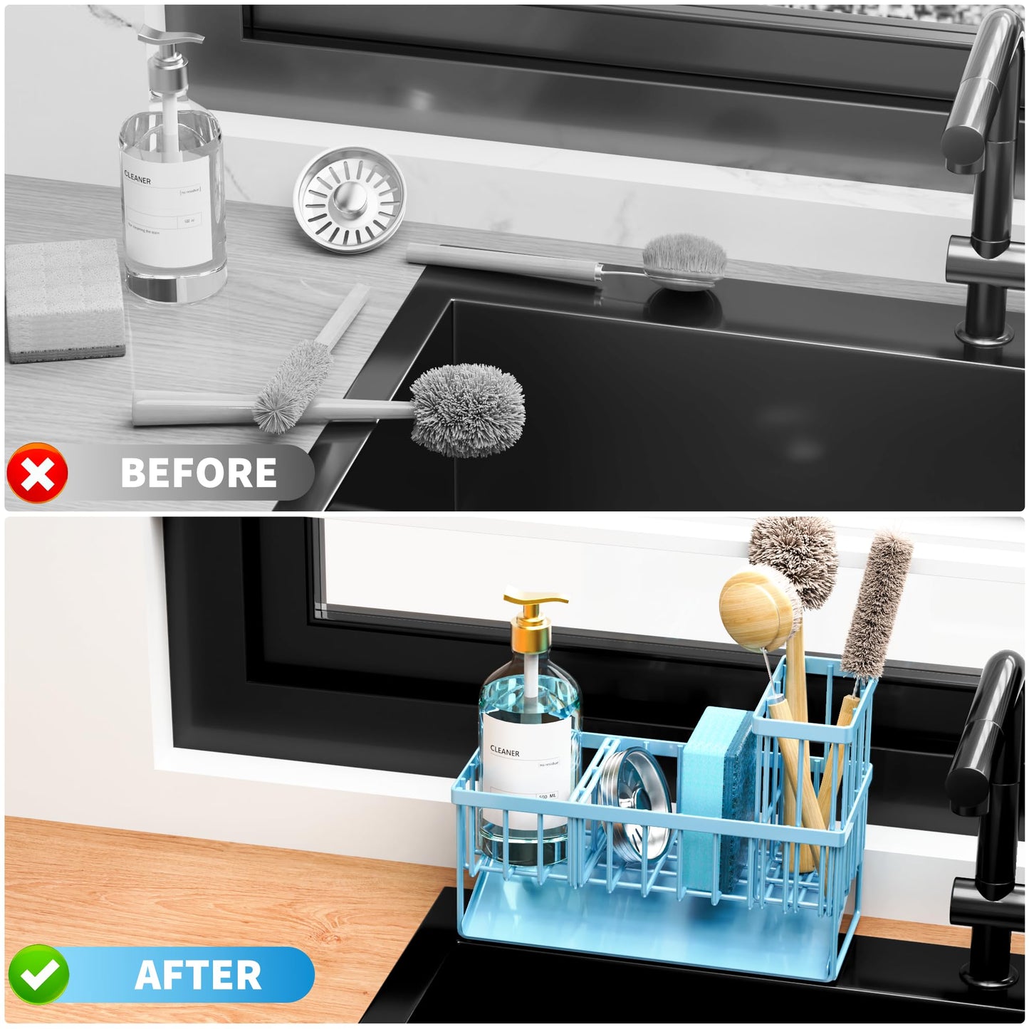 Kitchen Sink Caddy Organzier with High Brush Holder, Sponge Holder for Sink, 304 Rustproof Stainless, Kitchen Countertop Soap Dispenser Organizer, Kitchen Decor and Accessories