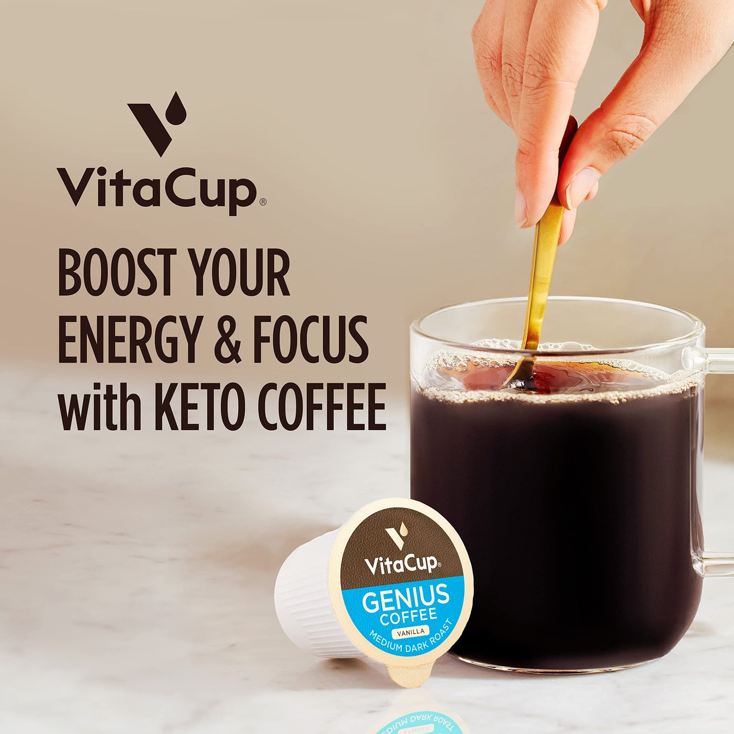 VitaCup Lightning Kaffeepads, für Gedächtnis und Konzentration mit 2x Koffein, grüne Kaffeebohnen, B-Vitamine, D3, starker dunkel gerösteter Kaffee, recycelbare Einzelportionspads, kompatibel mit Keurig K-Cup Kaffeemaschinen, 16 Stück 