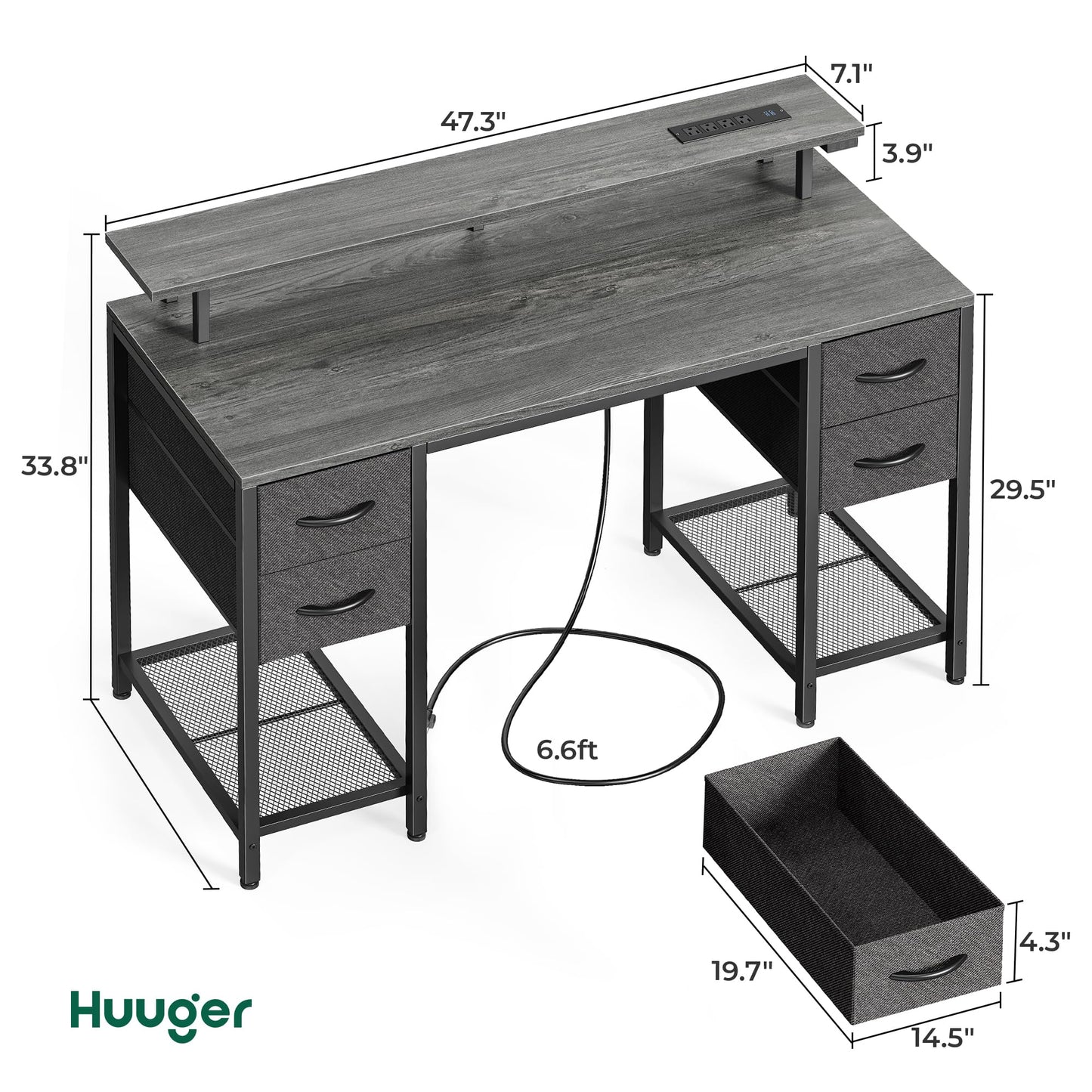 Bureau d'ordinateur Huuger de 47 pouces avec 4 tiroirs, bureau de jeu avec lumières LED et prises de courant, bureau à domicile avec grand espace de rangement pour chambre à coucher, travail à domicile, noir 