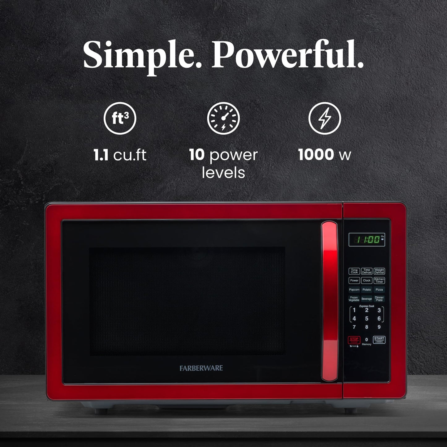 Farberware Countertop Microwave 1000 Watts, 1.1 cu ft - Microwave Oven With LED Lighting and Child Lock - Perfect for Apartments and Dorms - Easy Clean Metallic Red