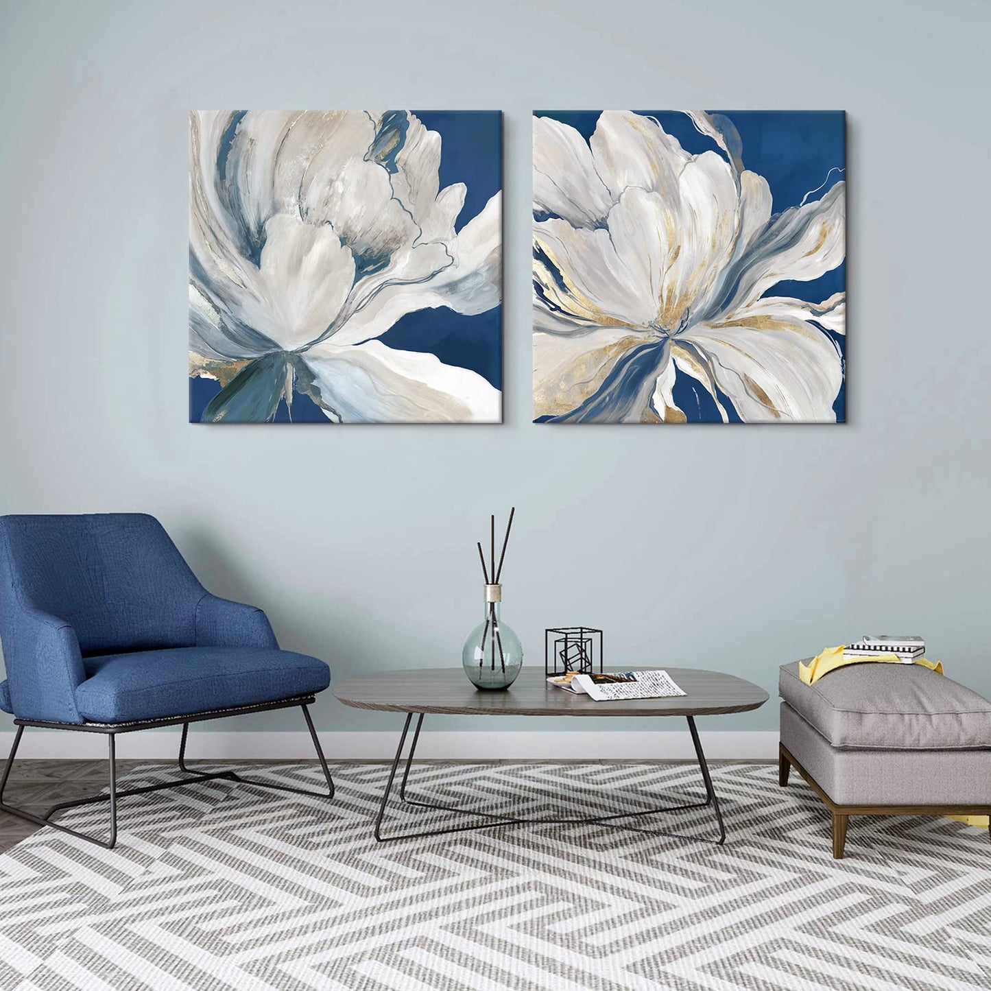 Goldfoilart Décoration murale florale moderne en fleurs blanches avec peintures en feuille d'or, œuvres d'art encadrées pour salon, chambre à coucher, cuisine, 61 x 61 cm x 2 pièces 