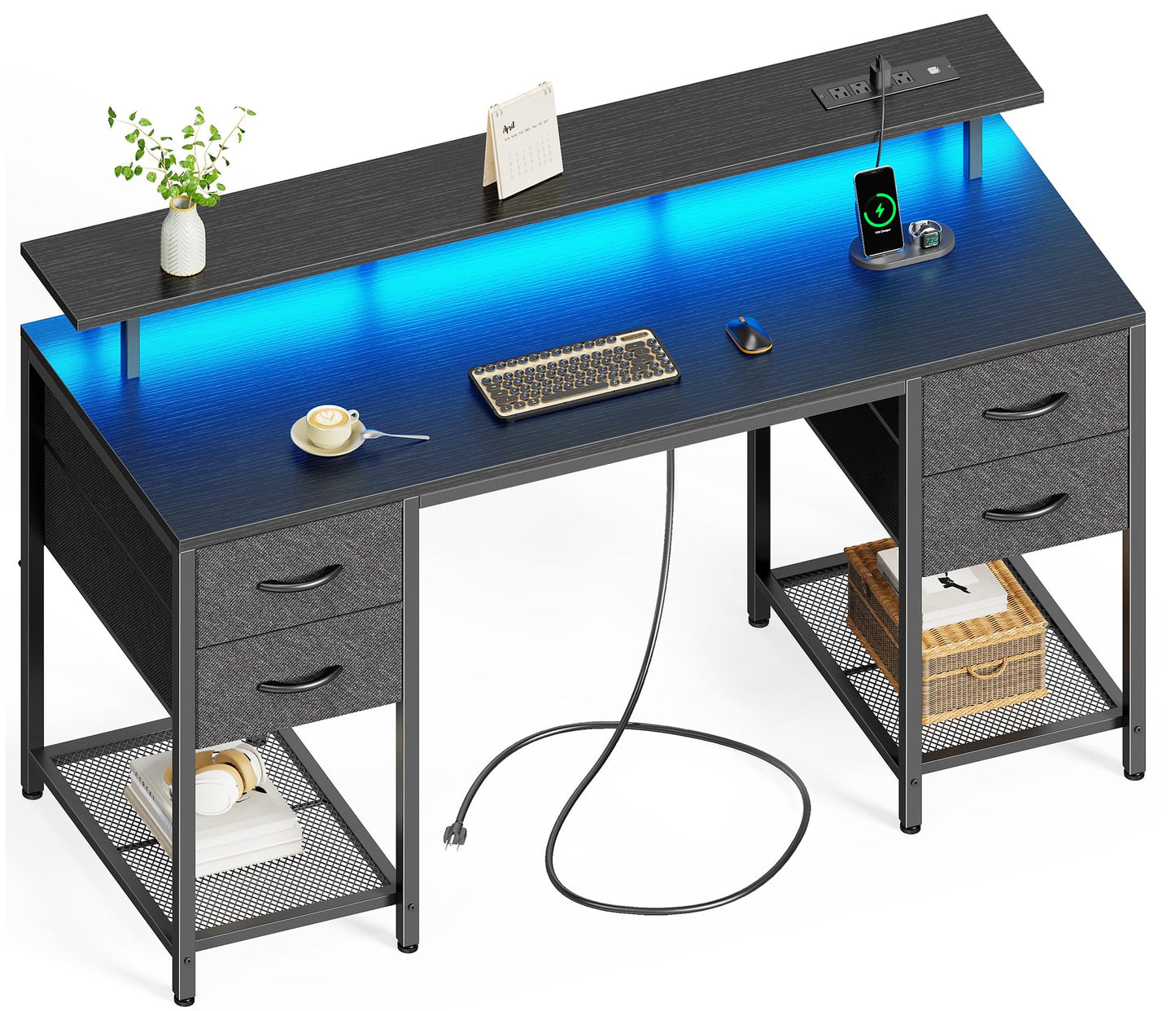 Huuger 47 inch Computer Desk with 4 Drawers, Gaming Desk with LED Lights & Power Outlets, Home Office Desk with Large Storage Space for Bedroom, Work from Home, Black