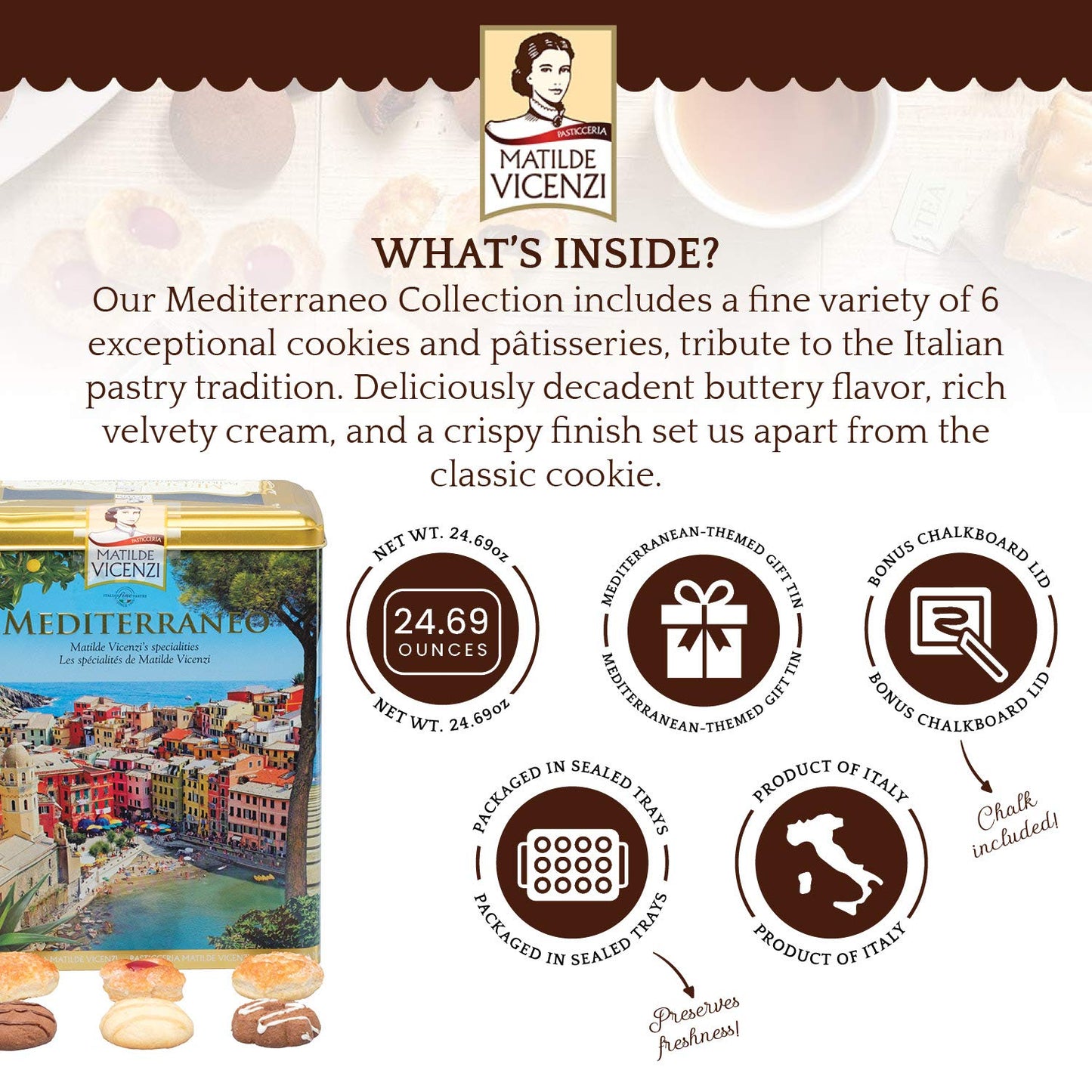 Matilde Vicenzi Roma Cookie Tin - Italian Pastries & Bakery Cookies in Individually Wrapped Trays - Bakery Dessert Gifts - Puff Pastry, Assorted Cookies in Italian Design Gift Tin 32oz (907g)