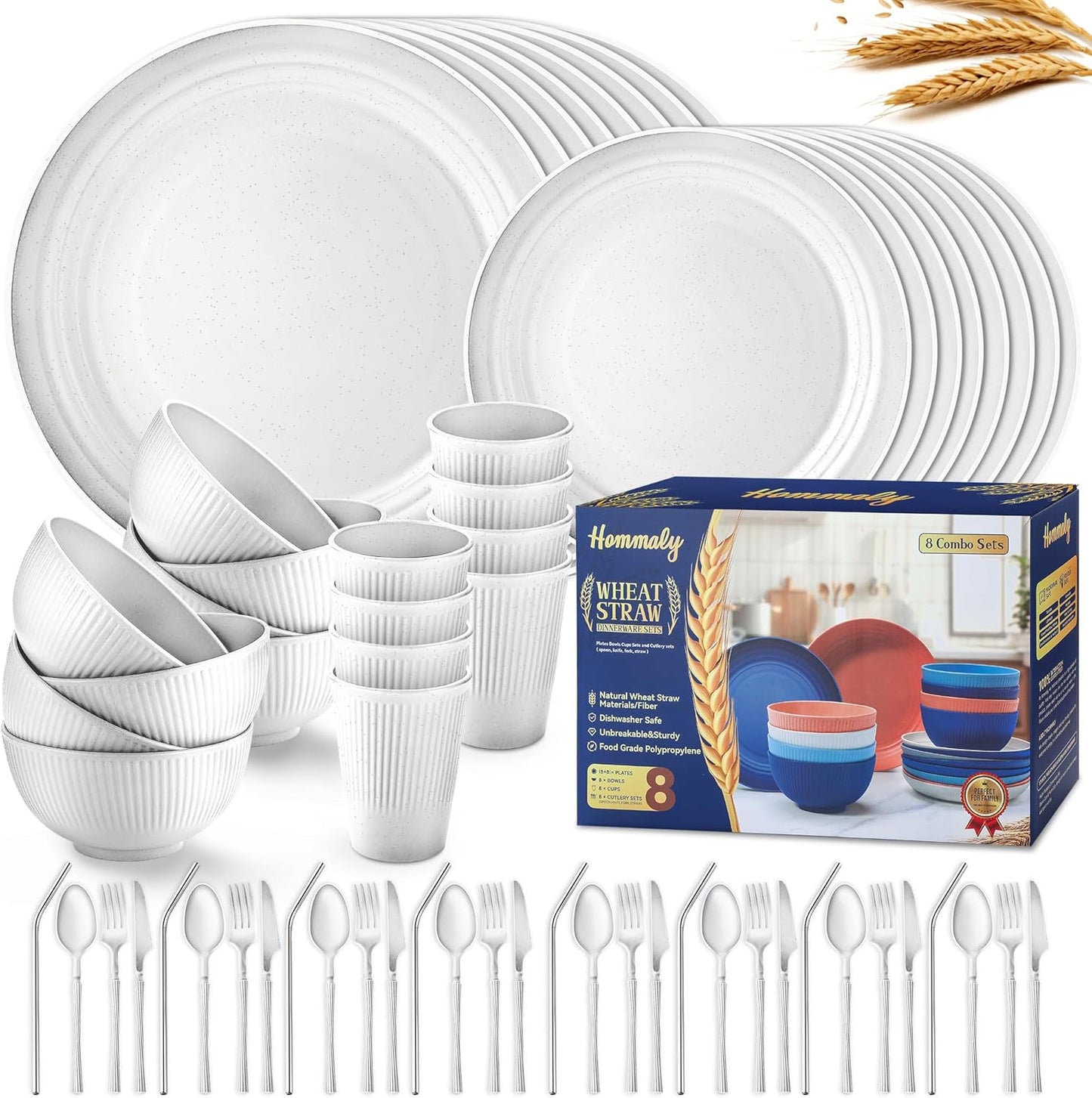 Wheat Straw Dinnerware Sets,48-Piece Plates and Bowls Sets for 6-Unbreakable,Reusable Plastic Dish Set-Dinner Plate/Dessert Plate/Cereal Bowl/Cup/Utensils-Microwavable Dishwasher Safe 48P-Deep Gray