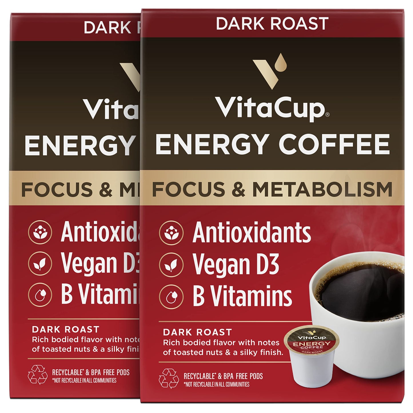 VitaCup Lightning Kaffeepads, für Gedächtnis und Konzentration mit 2x Koffein, grüne Kaffeebohnen, B-Vitamine, D3, starker dunkel gerösteter Kaffee, recycelbare Einzelportionspads, kompatibel mit Keurig K-Cup Kaffeemaschinen, 16 Stück 