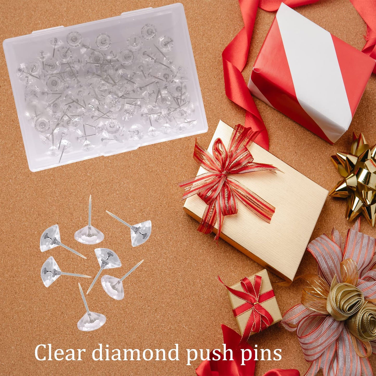 100Pcs Clear Push Pins for Cork Board, Decorative Thumb Tacks for Wall Hangings, Transparent Diamond Push Pin for Bulletin Board, Crystal Head Tacks for Posters, Office, Maps, Sofa, Office, Classroom