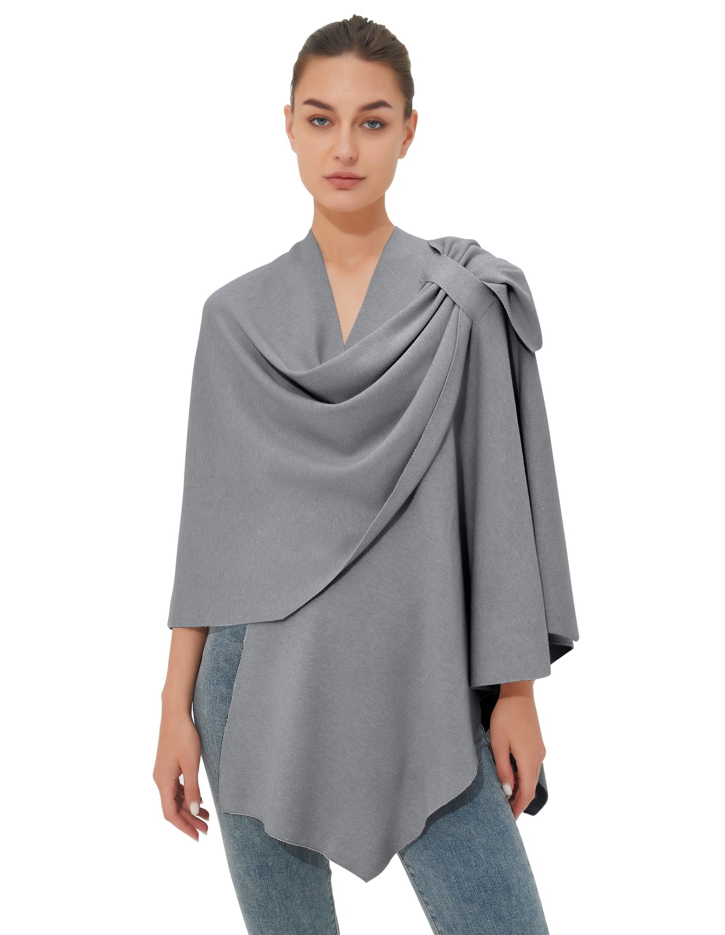 PULI Femmes Grand Poncho Croisé Sur Le Devant Pull Enveloppant Topper Tricoté Élégant Châles Cape pour l'Automne Hiver