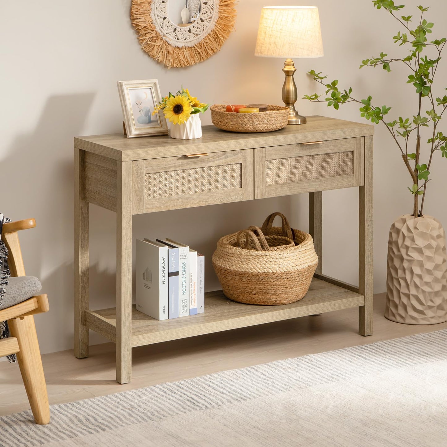 SICOTAS Konsolentisch 2er-Set – Boho-Eingangstisch mit Stauraum und Rattanschubladen, 2-stöckiges Regal, schmale lange Sofatische für das Wohnzimmer, Eingangstisch aus Naturholz für Flur, Foyer, helle Eiche 