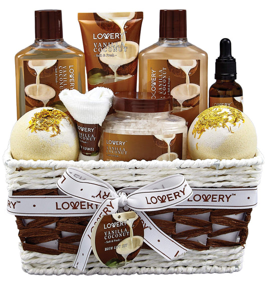 Geschenkkorb für Bad und Körper für Frauen und Männer – 9-teiliges Vanilla Coconut Home Spa Set, inklusive duftender Lotionen, extragroßer Badebomben, Kokosnussöl, luxuriösem Badetuch und mehr 