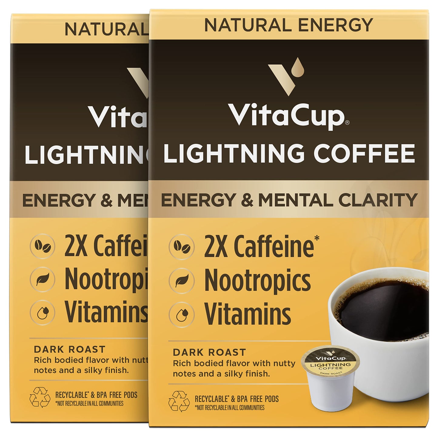 VitaCup Lightning Coffee Pods, for Memory & Focus w/ 2X Caffeine, Green Coffee Bean, B Vitamins, D3, Strong Dark Roast Coffee, Recyclable Single Serve Pod Compatible with Keurig K-Cup Brewers, 16 Ct