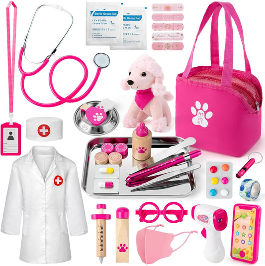 Doctor Kit for Kids Girls, 36 Pcs Veterinarian Playset for Kids, Doctor Kit for Toddlers 3-5 with Dog Toy & Real Stethoscope, Kids Vet Kit Pretend Play Doctor Toys, Doctor Play for Kids