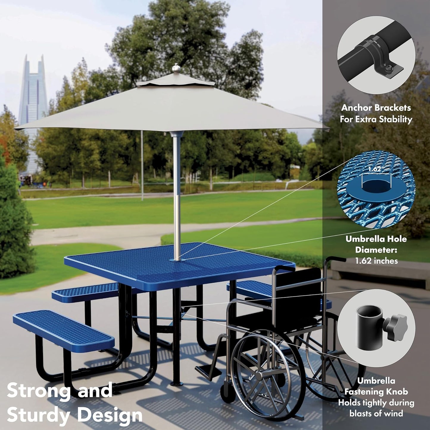 Tables de pique-nique en métal pour l'extérieur avec trou pour parasol - Table en acier revêtu de qualité commerciale robuste avec sièges réglables, 2 pieds supplémentaires, ensemble de meubles de patio à vie (46" carré, bleu) 