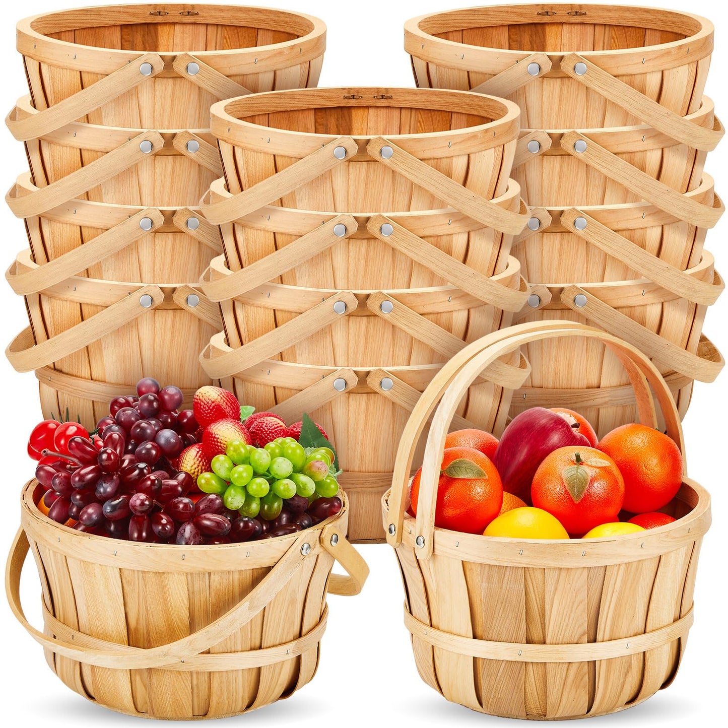 Marsui 16 Pcs 11 x 6.5'' Large Round Wooden Basket Apple Baskets Fruit Bushel Baskets Farmers Fall Harvest Portable Garden Basket with Handle for Storage Organizing Personal or Commercial Use