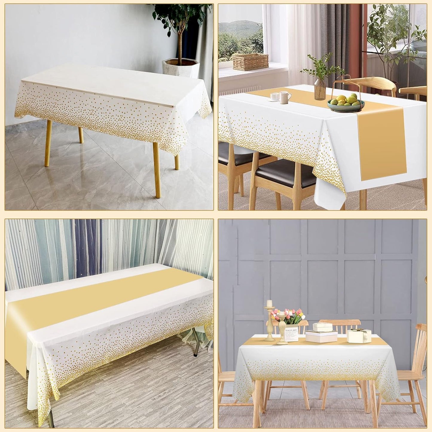 12 Pcs Wedding Satin Table Runner 12 x 108 Inch and Disposable Plastic Tablecloth 54 X 108 Inch, Gold Table Cloths for Parties, Wedding Decoration, Banquet Restaurant, Baby Shower