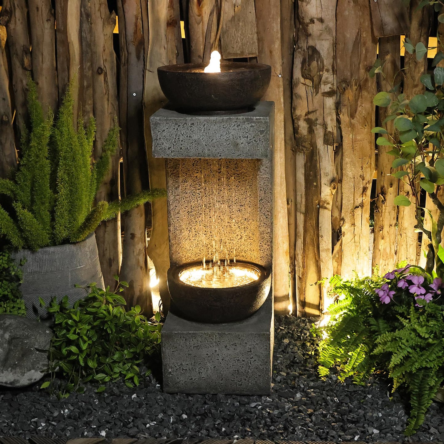 Fontaine à eau extérieure intérieure - Fontaine de jardin moderne en cascade autoportante avec surface incurvée et design artistique avec lumières LED et bande lumineuse pour décoration intérieure, patio, cour, piscine, 95 cm de haut 