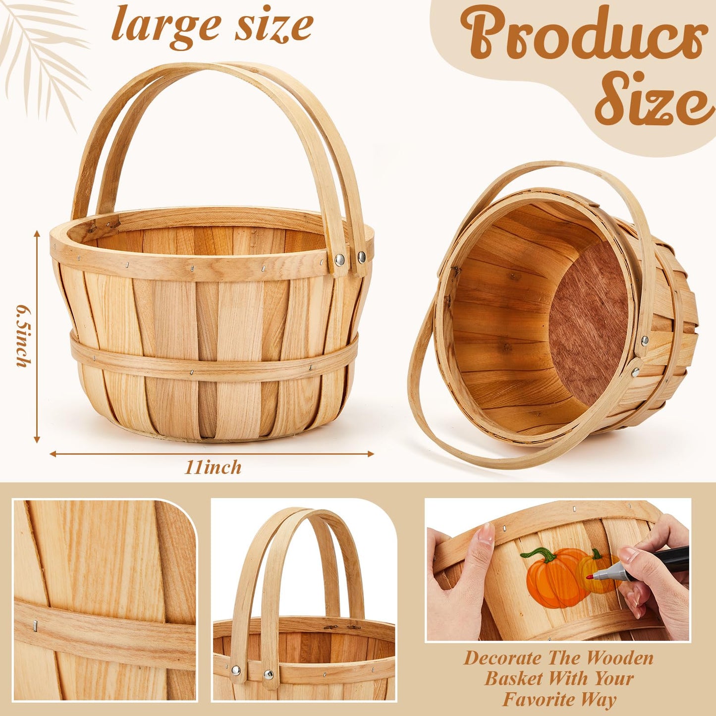 Marsui 16 Pcs 11 x 6.5'' Large Round Wooden Basket Apple Baskets Fruit Bushel Baskets Farmers Fall Harvest Portable Garden Basket with Handle for Storage Organizing Personal or Commercial Use