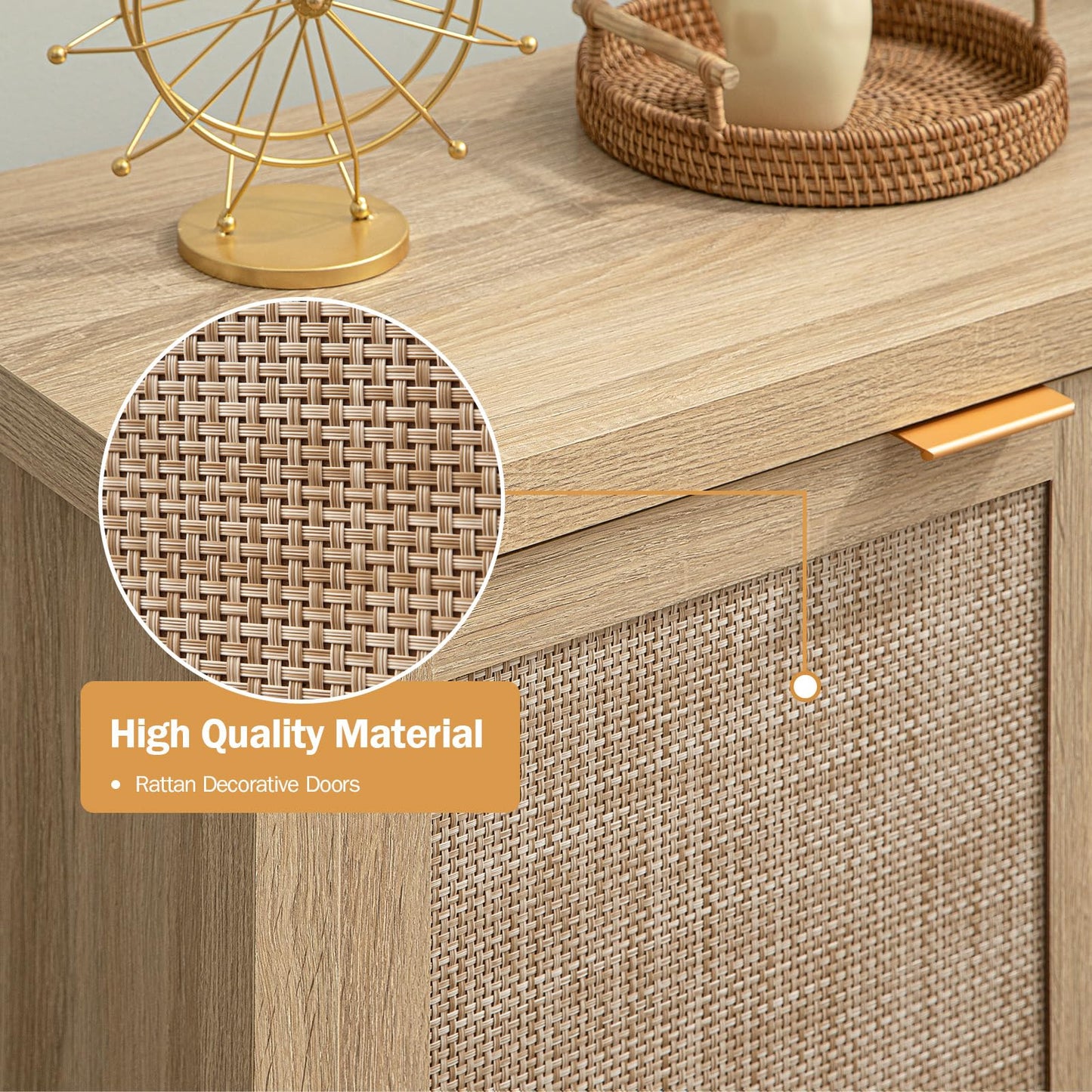 SICOTAS Rattan-Sideboard, Buffetschrank – großer Küchenschrank im Boho-Stil mit Rattan-Aufbewahrung – Holz-Kaffeebar-Schrank, Buffet-Konsolentisch für Esszimmer, Wohnzimmer, Flur – Natur 