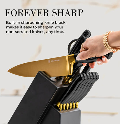 Copper Knife Set with Block - 14 PC Self Sharpening Knife Block Set