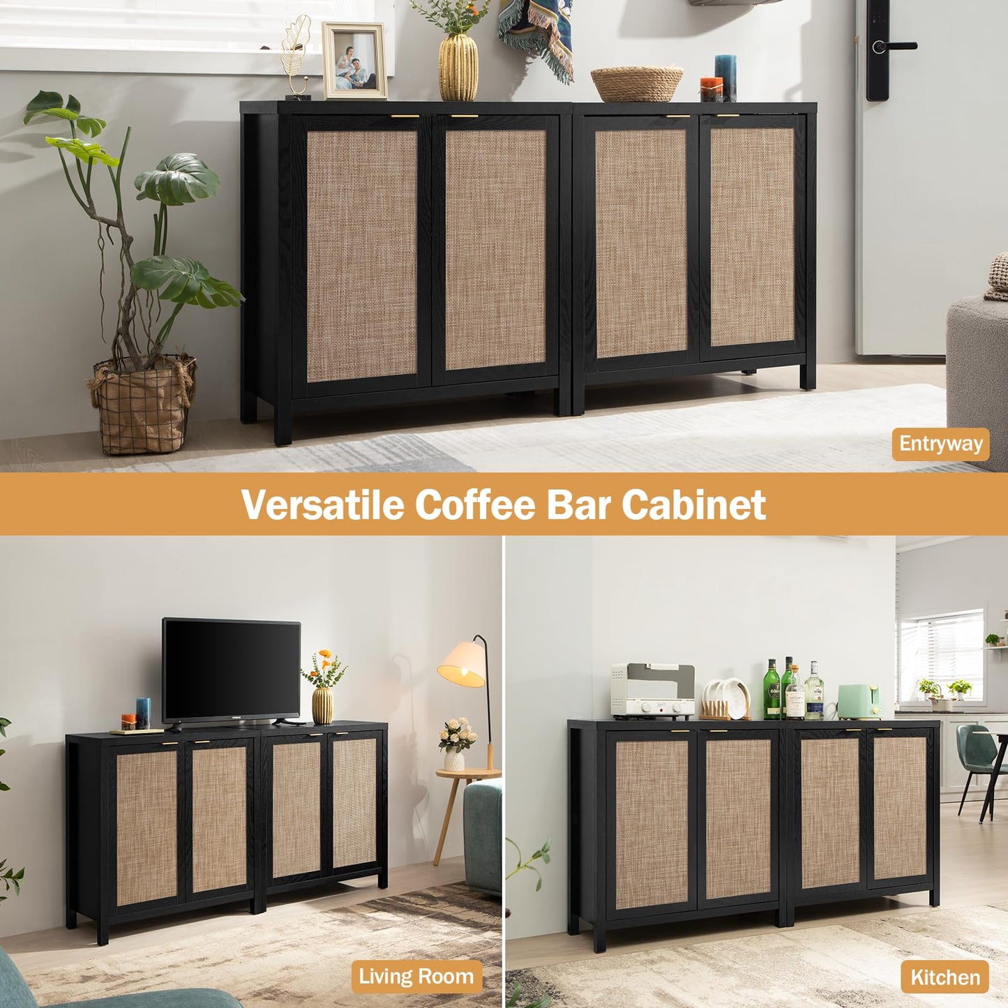 SICOTAS Rattan-Sideboard, Buffetschrank – großer Küchenschrank im Boho-Stil mit Rattan-Aufbewahrung – Holz-Kaffeebar-Schrank, Buffet-Konsolentisch für Esszimmer, Wohnzimmer, Flur – Natur 