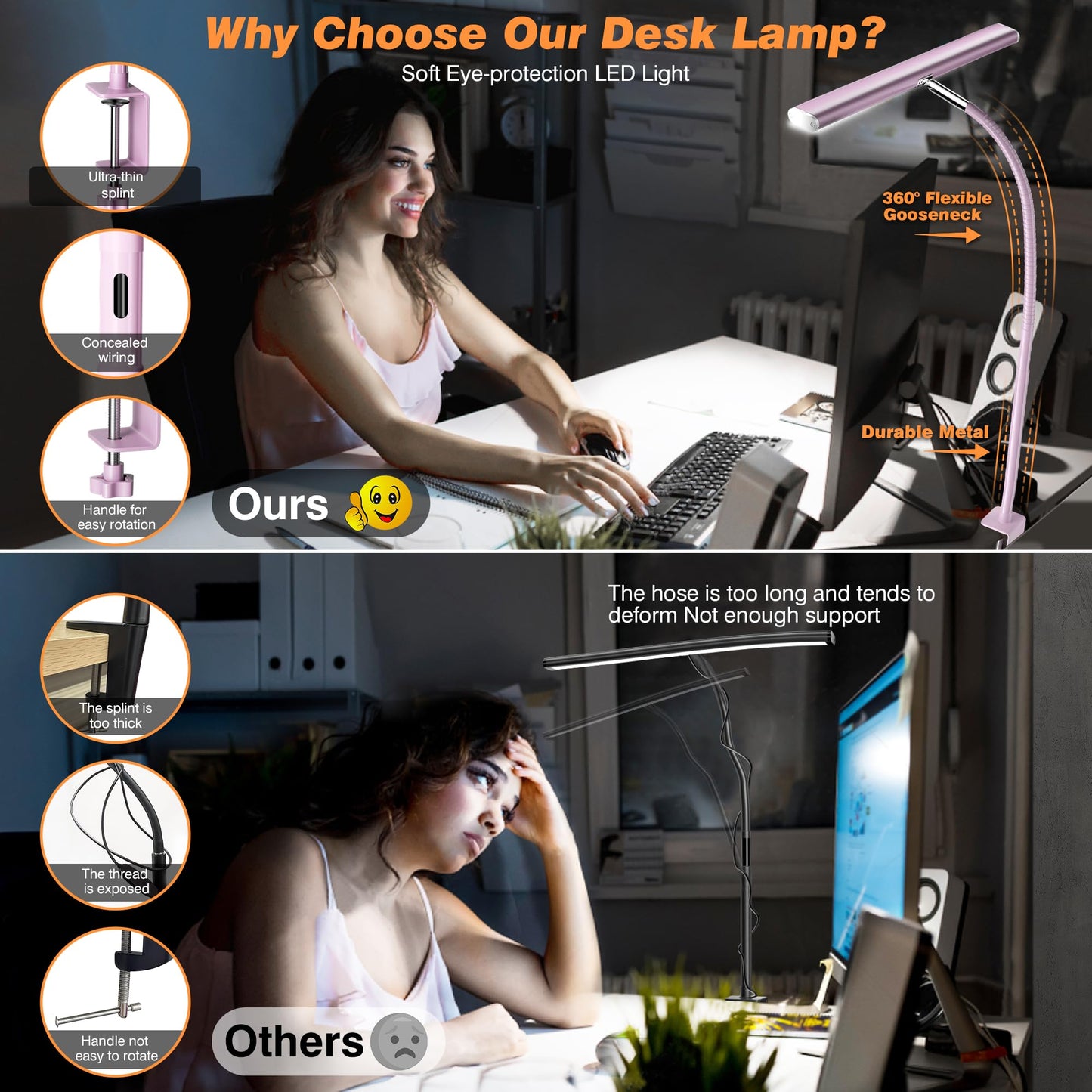 Lampe de bureau LED pour bureau à domicile, lampe de bureau respectueuse des yeux avec gradation continue, col de cygne flexible réglable, adaptateur USB 10 W, lampe de bureau avec pince pour lecture, étude, établi (noir) 