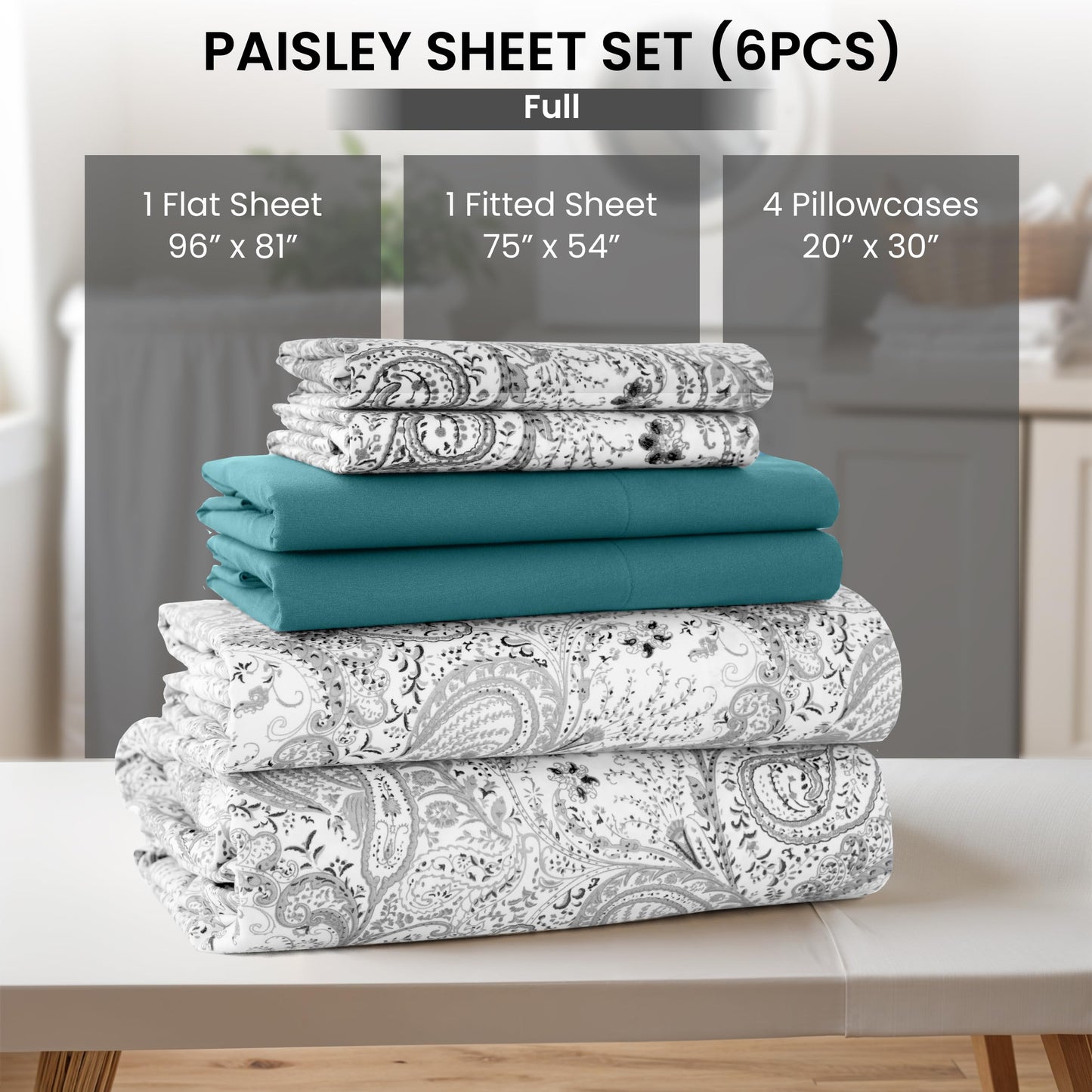 Parure de lit LUX Decor Paisley King, 6 pièces, draps doux en microfibre infroissables – Draps de lit imprimés luxueux comprenant un drap plat, un drap-housse avec poches profondes et 4 taies d'oreiller – Taupe 