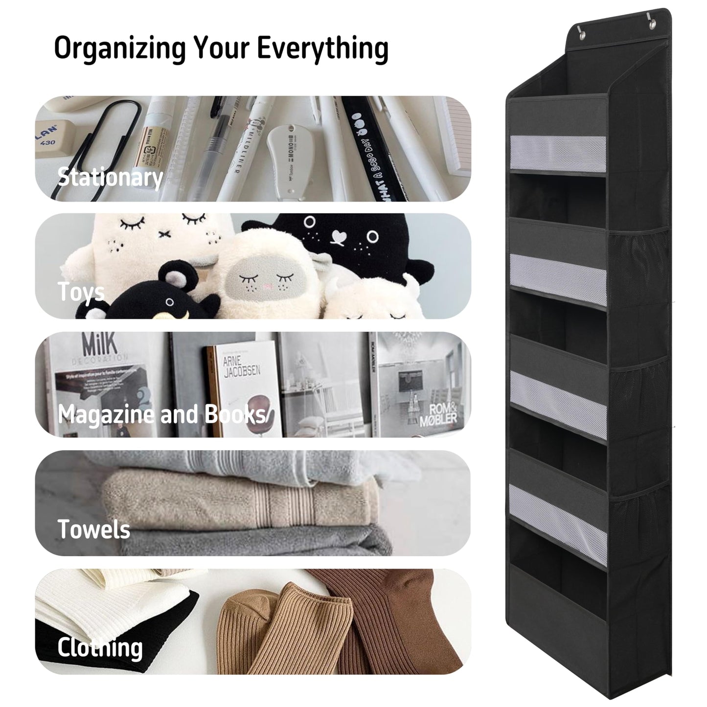 Over Door Organizer with 5 Large Pockets, Heavy Duty Hanging Organizer Storage, Closet Bathroom Nursery Bedroom Dorm, Toys Cosmetics Sundries and Baby Essentials, Gray