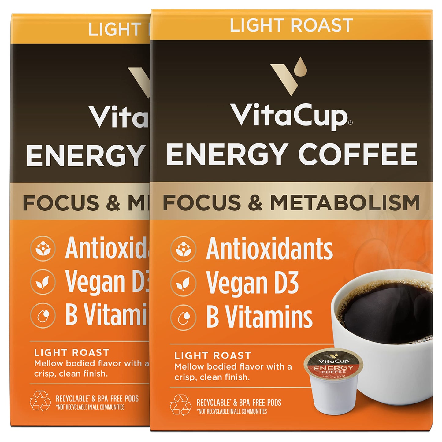 Capsules de café VitaCup Lightning, pour la mémoire et la concentration avec 2X de caféine, grains de café vert, vitamines B, D3, café torréfié foncé et fort, dosettes individuelles recyclables compatibles avec les cafetières Keurig K-Cup, 16 unités 