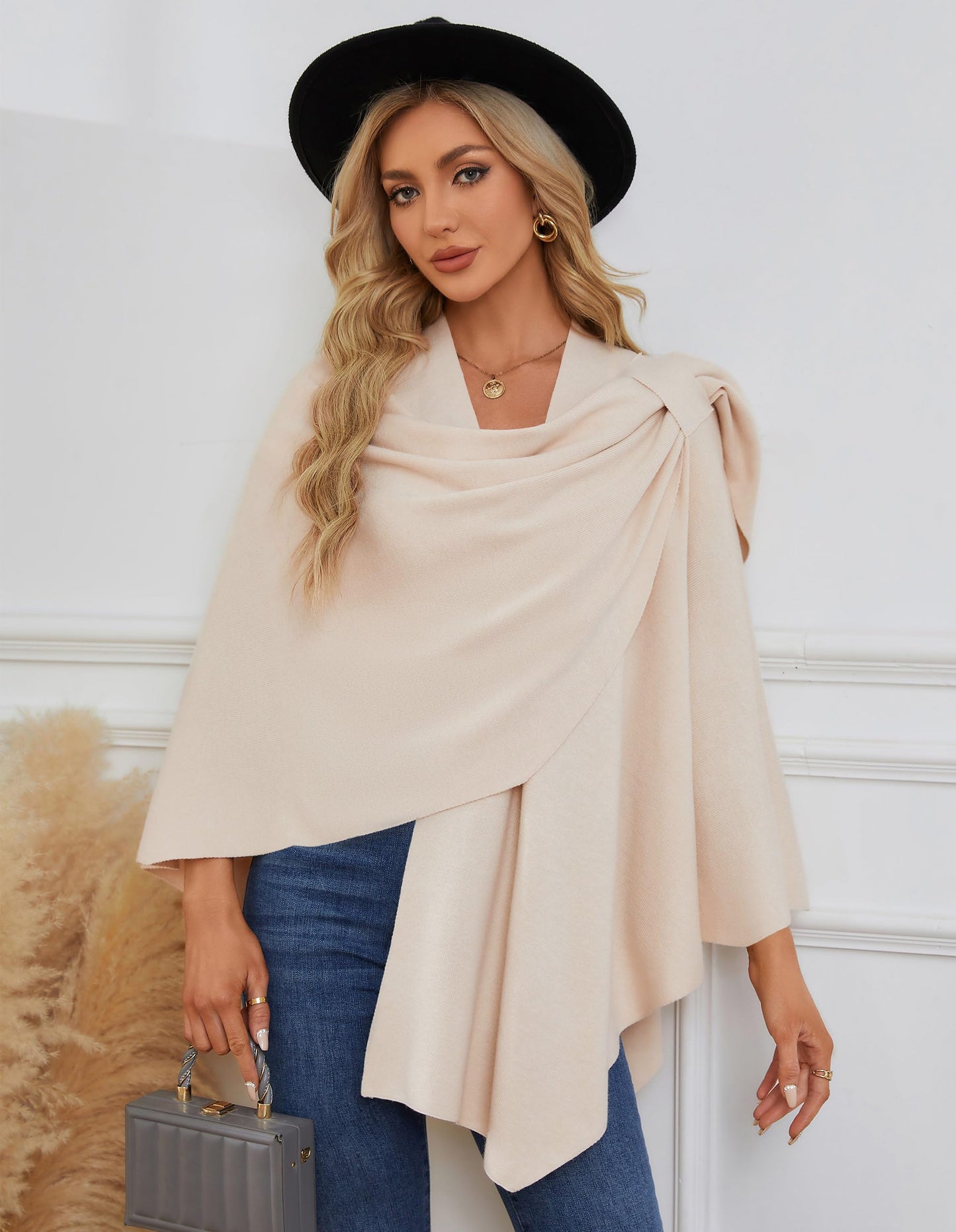 PULI Femmes Grand Poncho Croisé Sur Le Devant Pull Enveloppant Topper Tricoté Élégant Châles Cape pour l'Automne Hiver