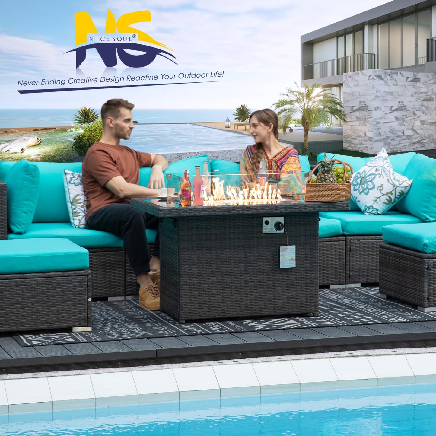 NICESOUL® 13-teiliges großes Luxus-Sofaset für die Terrasse mit Feuerstelle für Erdgas/Propan, 74 cm hohe Rückenlehne, Garten-Sitzgruppe, Gartensofa aus PE-Rattan, dunkelgrau 