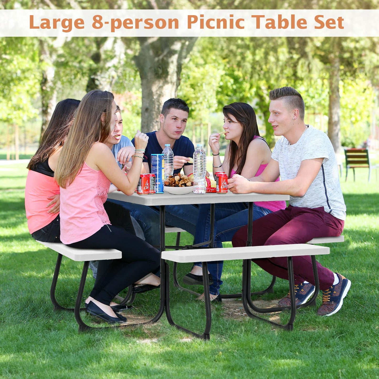 Giantex Picnic Table Set for 4-8 Persons, Outdoor Table and Bench Set with Umbrella Hole, HDPE Top & Metal Frame, 500LBS Capacity, Square Patio Table Bench Set for Deck Backyard Garden (White)