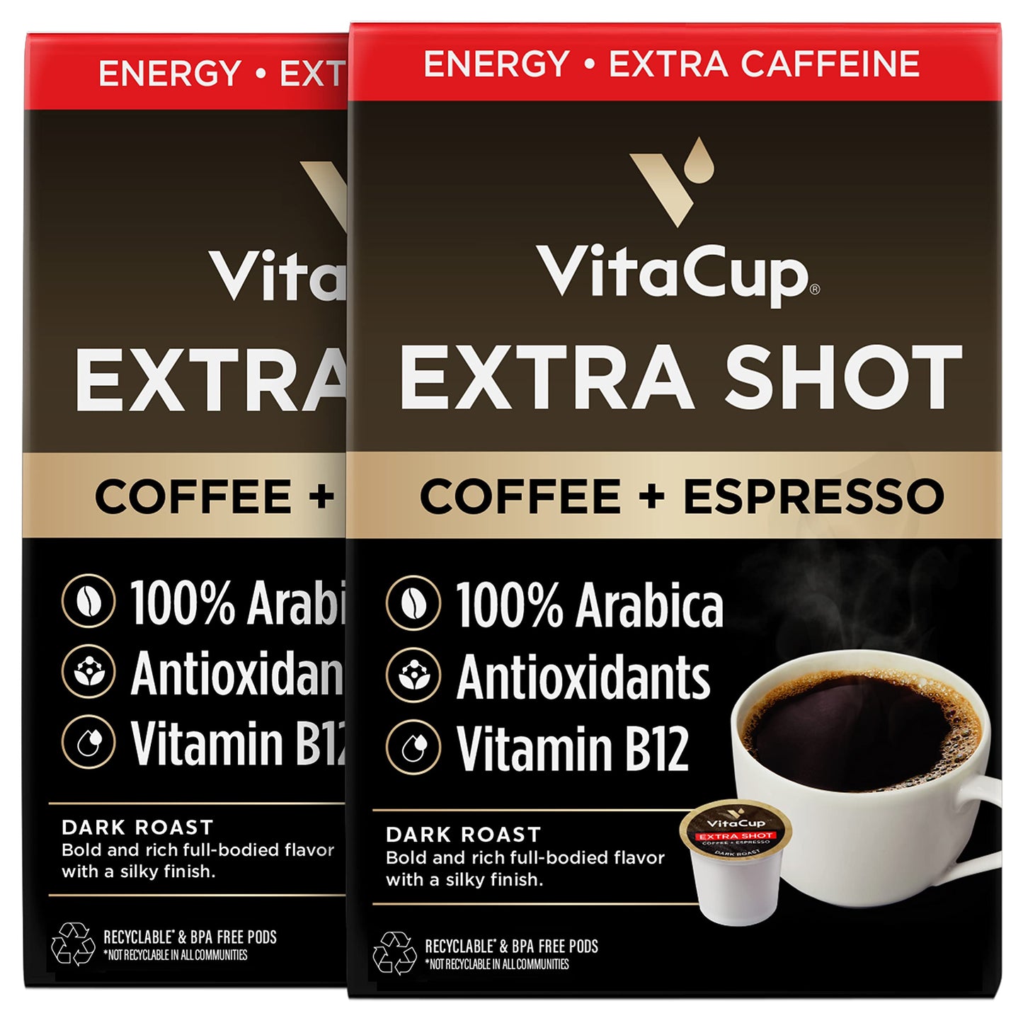 VitaCup Lightning Kaffeepads, für Gedächtnis und Konzentration mit 2x Koffein, grüne Kaffeebohnen, B-Vitamine, D3, starker dunkel gerösteter Kaffee, recycelbare Einzelportionspads, kompatibel mit Keurig K-Cup Kaffeemaschinen, 16 Stück 