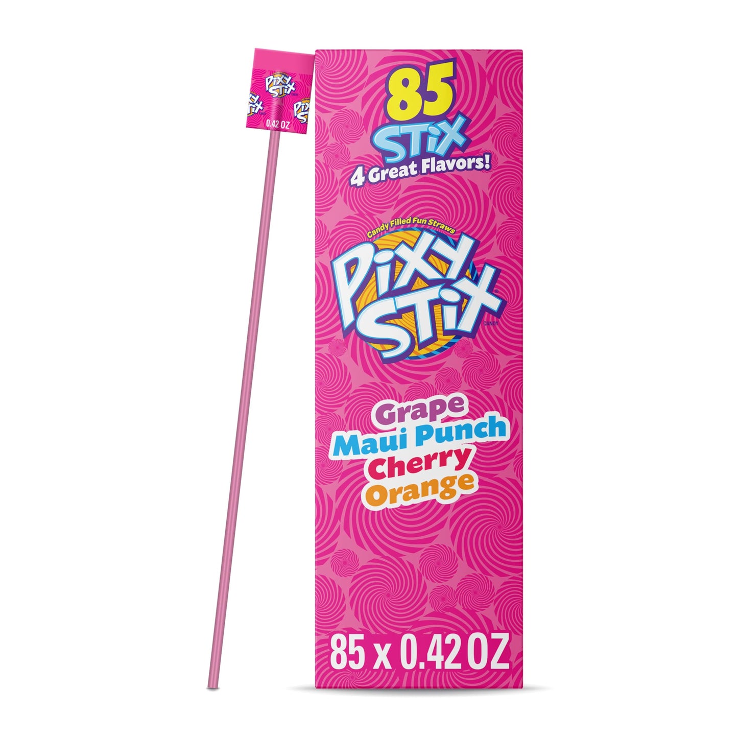 Wonka Pixy Stix, Saure Pulver-Strohhalme, Traube, Maui Punch, Kirsche und Orange, süß-säuerliches Bonbonpulver, 85 Stück 