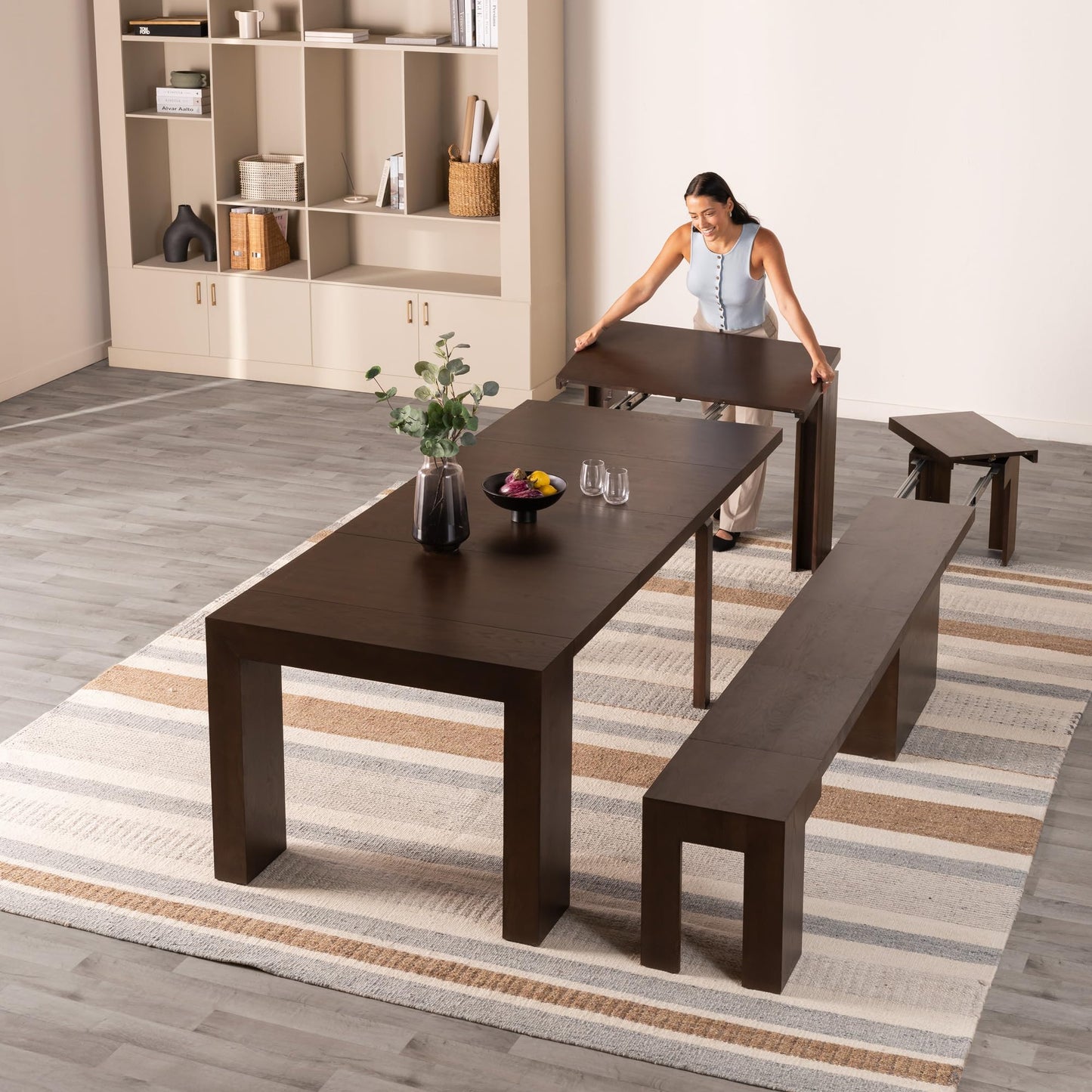 Transformer Table Dining Table Set for 4 to 12, Extendable Wood Dining Table with Expandable Bench, Small Space Furniture, Kitchen Table Set (Dark Grey, Table + Bench)