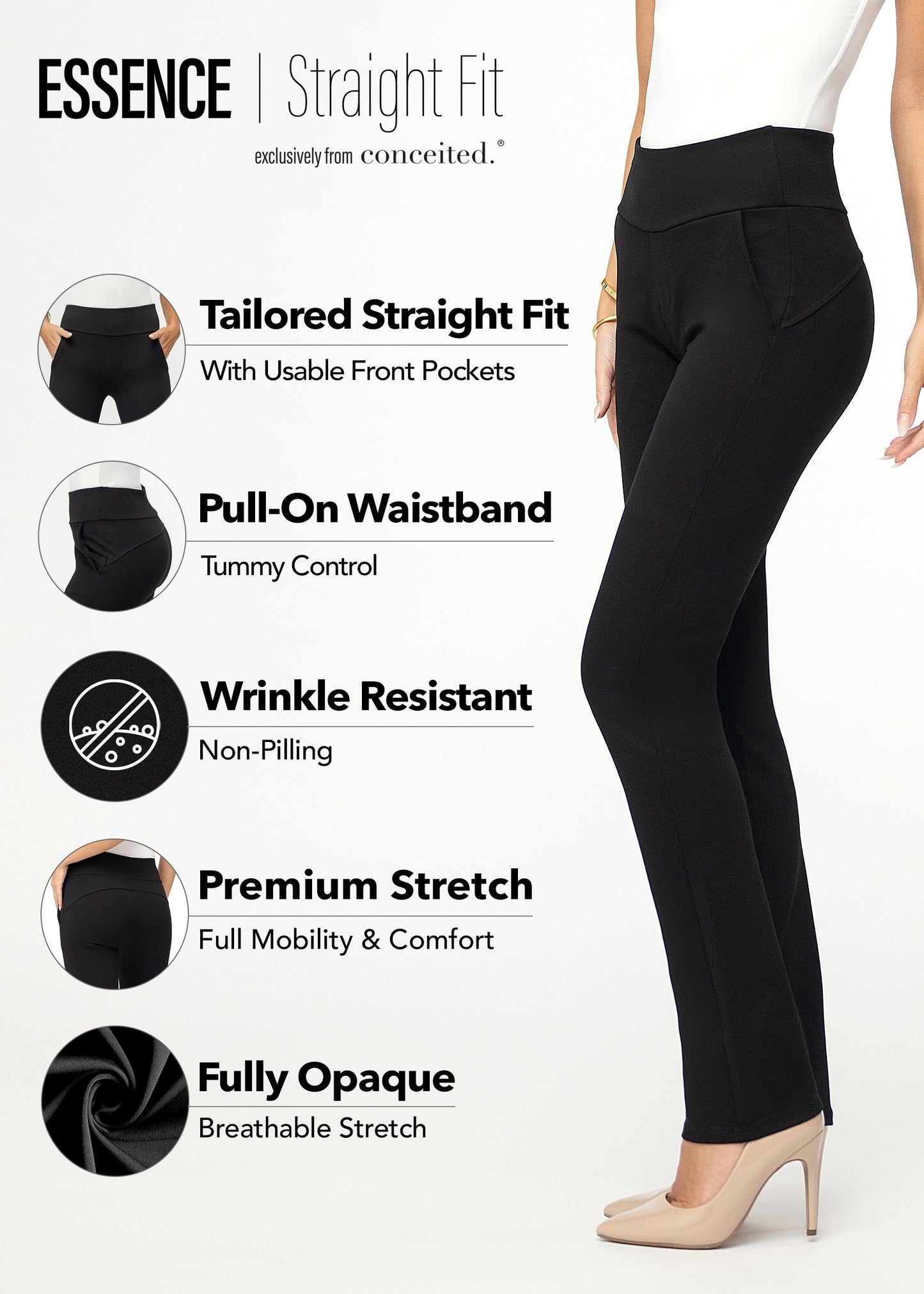 Conceited Dress Pants Women - Stretchy - Tummy Control - All Day Comfort Wear to Work - Womens Pants in Regular and Plus Size