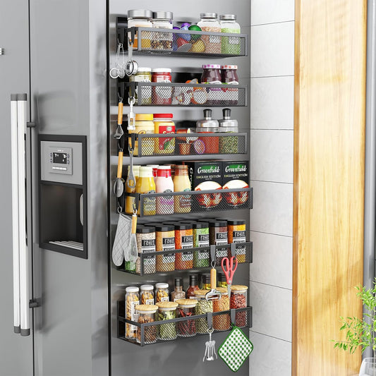 Magnetic Spice Rack for Refrigerator, 6-Pack Fridge Shelf Organizer with Hooks