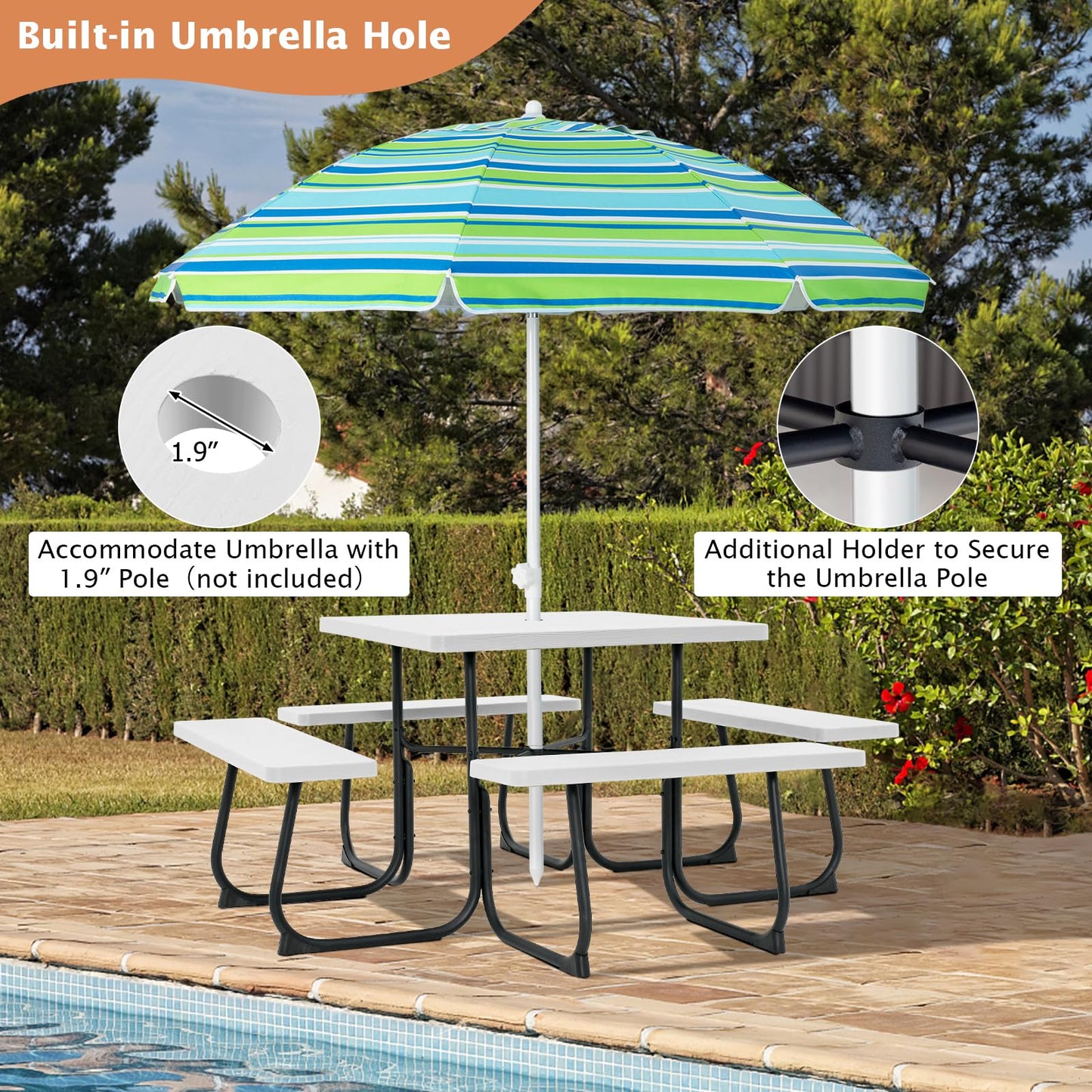 Giantex Picnic Table Set for 4-8 Persons, Outdoor Table and Bench Set with Umbrella Hole, HDPE Top & Metal Frame, 500LBS Capacity, Square Patio Table Bench Set for Deck Backyard Garden (White)