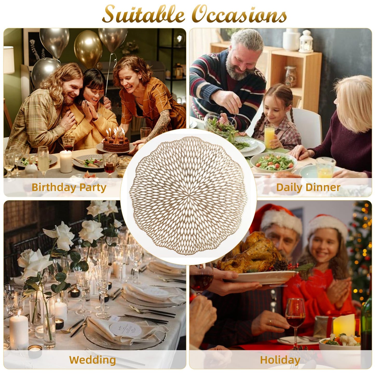 Placemats Set of 6, Round Hollow Out Flowers Place Mats for Dining Table Pressed Vinyl Blooming Leaf Table Mats for Holiday Party Wedding Accent Centerpiece Dinner Table Decoration (Gold)