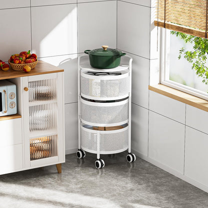 No Assembly Required Vegetable Storage Rack, 4-Tier Rotating Fruit Basket with Wheels, Heavy Duty Carbon Steel Kitchen Storage Cart