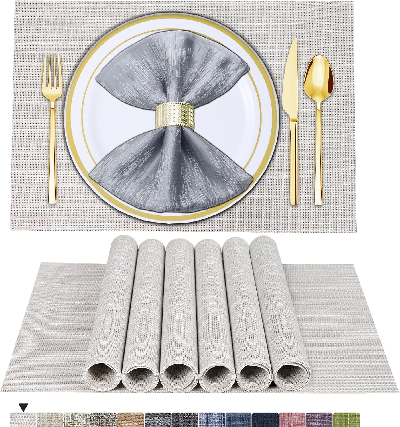 Lot de 6 sets de table en vinyle tissé pour table à manger, lavables et lavables, sets de table de cuisine durables pour intérieur et extérieur, 01 beige, 6 pièces 