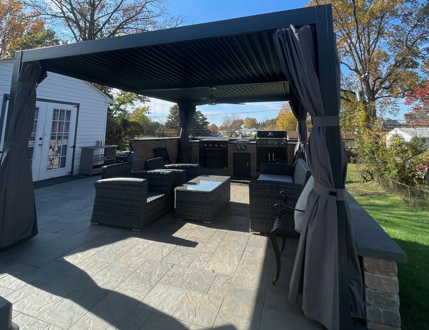 PURPLE LEAF Louvered Pergola 94AS 11' x 14' Outdoor Aluminum Pergola with Shade Screen Adjustable Roof for Deck Backyard Grey Hardtop Gazebo, 1 Long Side and 2 Short Sides