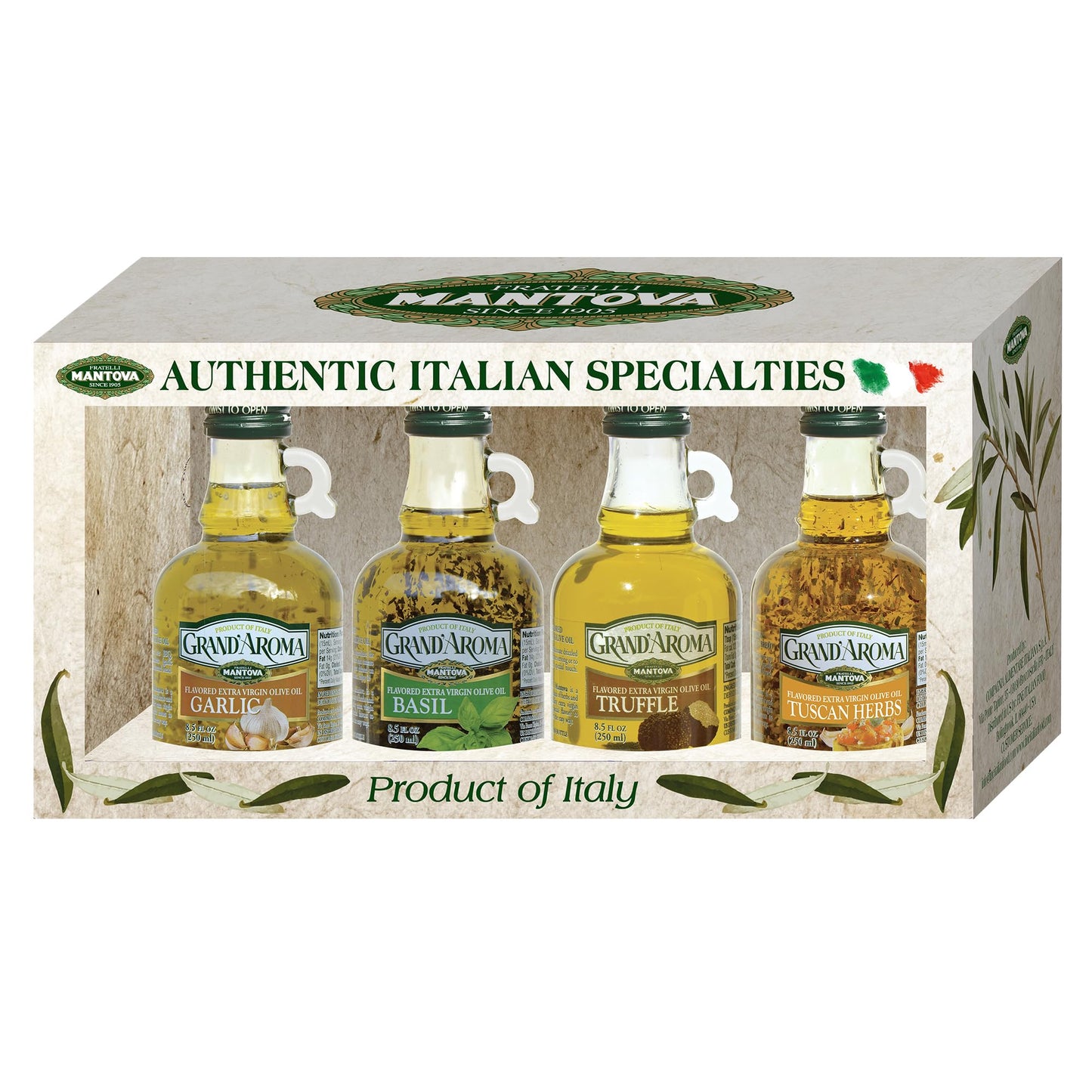 Huiles d'olive extra vierges aromatisées Mantova Grand'Aroma, coffret cadeau varié, fabriquées en Italie, pressées à froid, 100 % naturelles, bonnes pour le cœur, pour griller, faire des barbecues, fumer et cuisiner, 250 ml (lot de 4) 