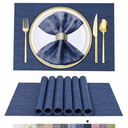 Set of 6 Placemats – Washable Woven Vinyl Table Mats for Dining, Kitchen, Indoor/Outdoor Use