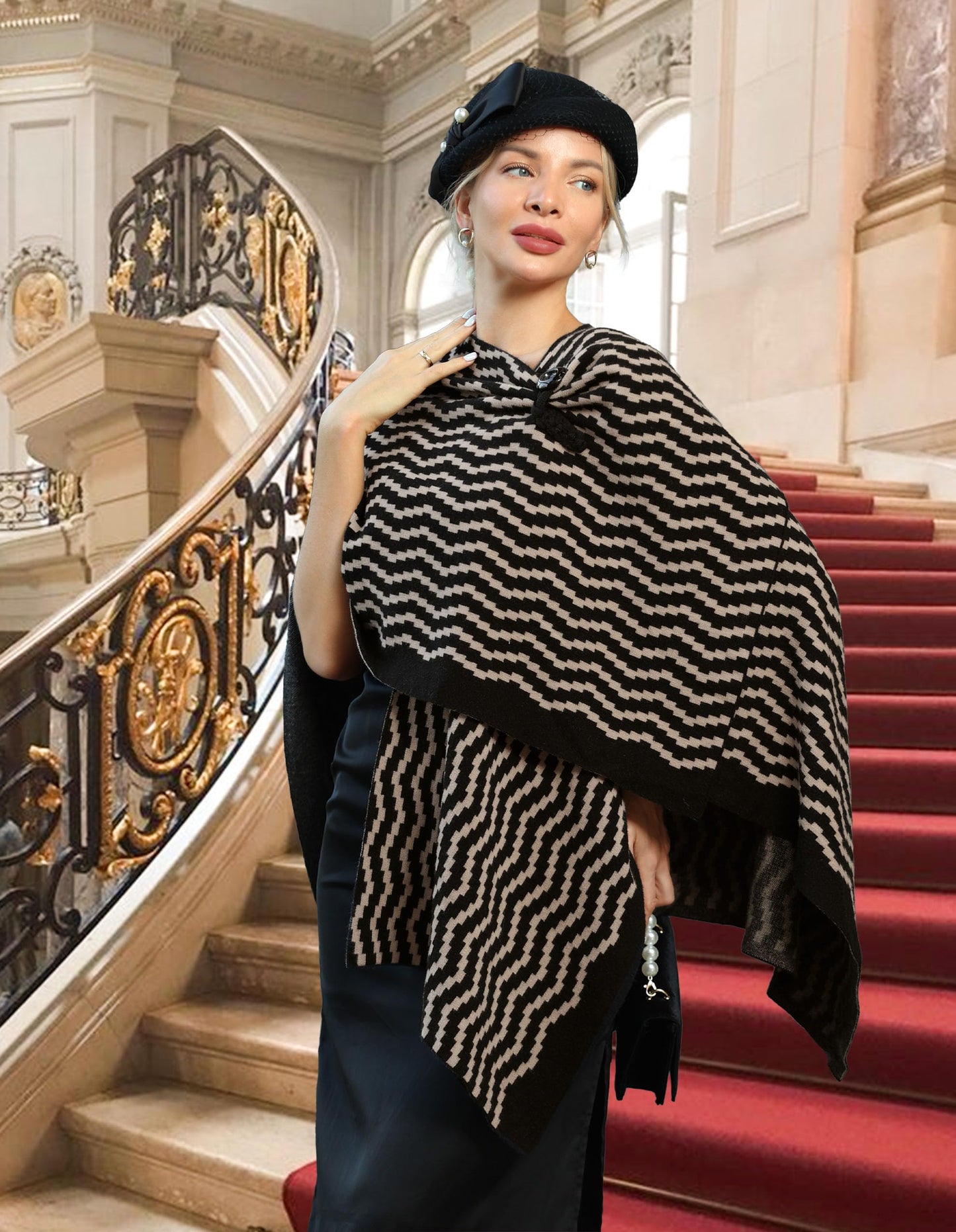 PULI Femmes Grand Poncho Croisé Sur Le Devant Pull Enveloppant Topper Tricoté Élégant Châles Cape pour l'Automne Hiver